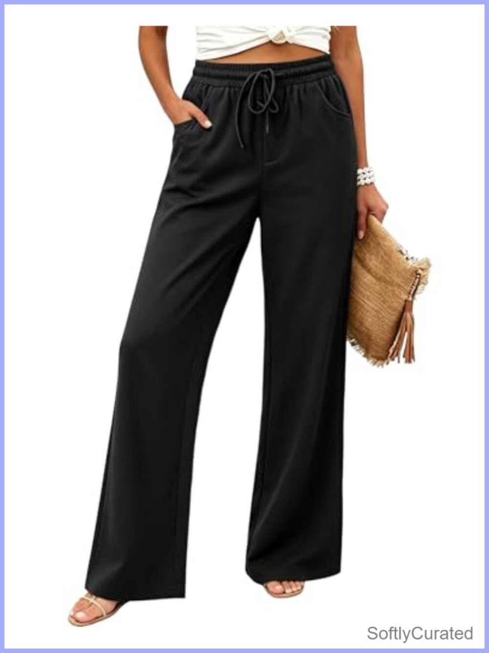 Wide Leg Palazzo Pants Drawstring Elastic Waist Trousers with Pockets